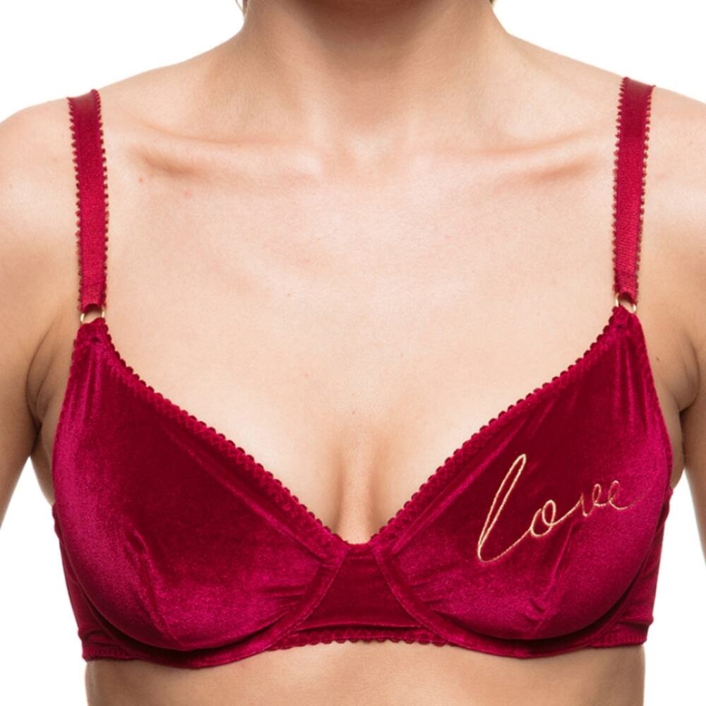 NWT Kisskill Red Velvet Love Bra with Gold Embroidered Script size 32C AU 10C